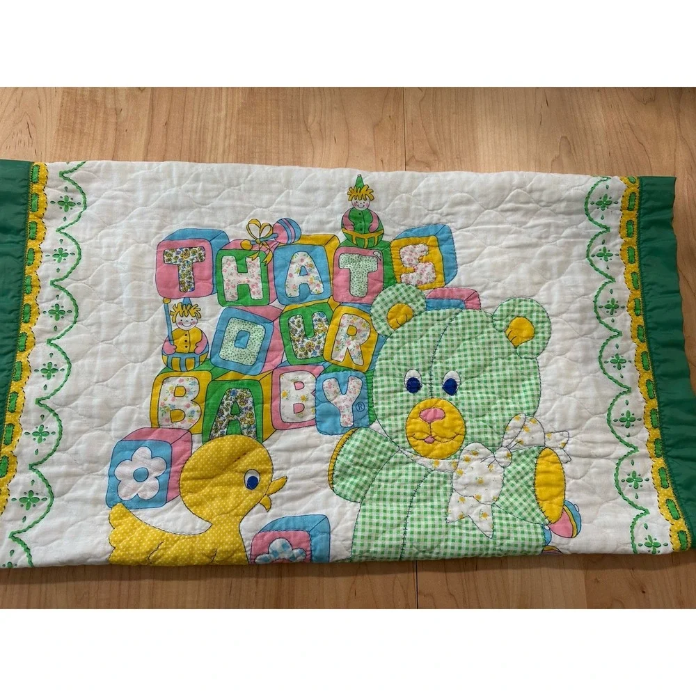 Vtg Lightweight That's Our Baby Bear & Duck & Toys Baby Blanket Quilt Sarin Rim